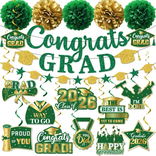 Miniatura 9 de Decoraciones de graduación 2026, pancarta de felicitaciones con purpurina, espirales colgantes y pompones de tela, decoraciones de graduación negras