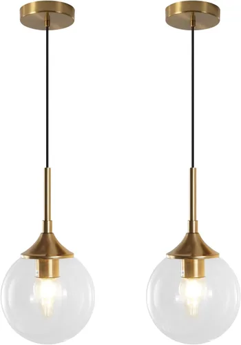Miniatura 9 de KCO Lighting - Lámpara colgante moderna de globo de 1 luz, luz colgante de vidrio ahumado individual grande de mediados de siglo, latón cepillado