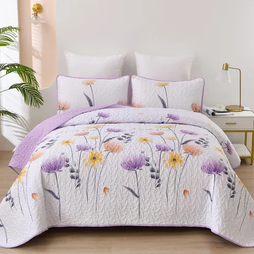 Miniatura 25 de Dinjoy Juego de colcha floral tamaño Queen, colcha azul agua tamaño Queen de 3 piezas, juego de ropa de cama ligera de estilo granja, colcha
