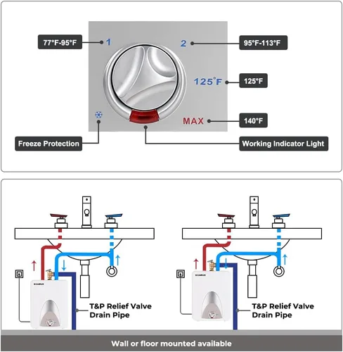 Miniatura 6 de CAMPLUX - Calentador de agua eléctrico de 2.5 galones (ME25), elimina el tiempo de agua caliente, montaje en estante, pared o piso, listado UL