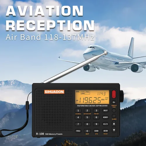 Miniatura 6 de XHDATA R108 Radio Portátil AM/FM/SW/LW/Airband Receptor de Onda Corta Radio Operado por Batería con Buena Recepción, Excelente Sonido Altavoz