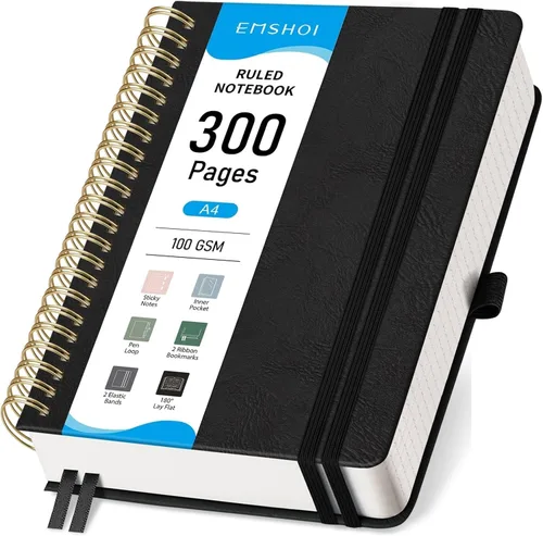 Miniatura 13 de EMSHOI Cuaderno de Espiral con Puntos para Bullet Journal - 300 Páginas, Cuero de Tapa Dura A4, Cuaderno de Cuadrícula de Puntos Gruesos de 100 GSM