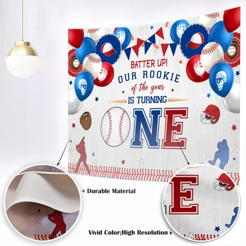 Miniatura 2 de Mocsicka Telón de fondo de béisbol para el primer cumpleaños para niño con texto en inglés "My Rookie Year", decoración de fiesta de béisbol novato