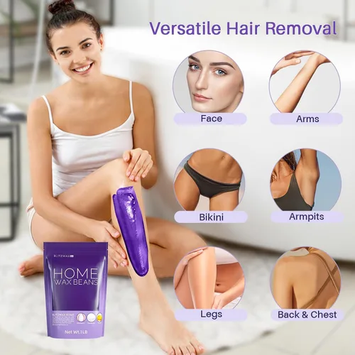 Miniatura 4 de BLITZWAX Cuentas de cera dura para depilación de 1 libra de cera sensible para bikini, axilas, espalda y pecho, cera de recambio grande para mujeres