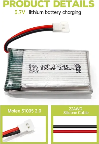 Miniatura 7 de sea jump Batería Lipo de 3.7 V 800 mAh 25C con enchufe Molex y cable de carga USB compatible con WLtoys SYMA la mayoría de drones, cuadricópteros
