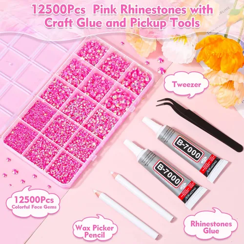 Miniatura 2 de Pegamento adhesivo B7000 con 14000 piezas de diamantes de imitación rosa intenso para manualidades, diamantes de imitación de color rosa AB gelatina