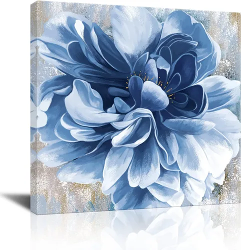 Arte de pared de flores azules, impresión en lienzo floral azul marino, paisaje natural, arte de pared para sala de estar, dormitorio, pintura de