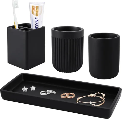 Miniatura 8 de Juego de baño de resina de 6 piezas color beige completo con soporte para cepillos de dientes, dispensador de jabón de loción, 2 dispensadores