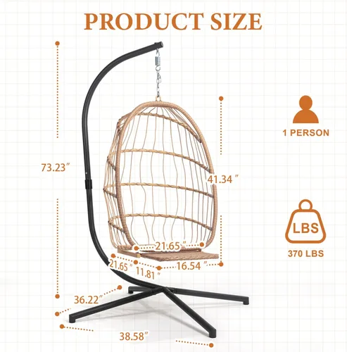 Miniatura 6 de Silla colgante de huevo con soporte y reposapiés para interiores y exteriores, sillas de huevo de patio, silla hamaca de mimbre, marco de acero