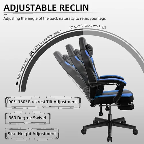 Miniatura 7 de Silla de juego Shintenchi, silla para videojuegos con reposapiés y soporte lumbar de masaje, silla de juego ajustable en altura con asiento