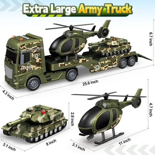 Miniatura 7 de Bstoyder - Juguetes para niños pequeños de 3, 4, 5, 6, 7 años, camión militar semi-escala de 63,5 cm con helicópteros y tanque, juguetes militares