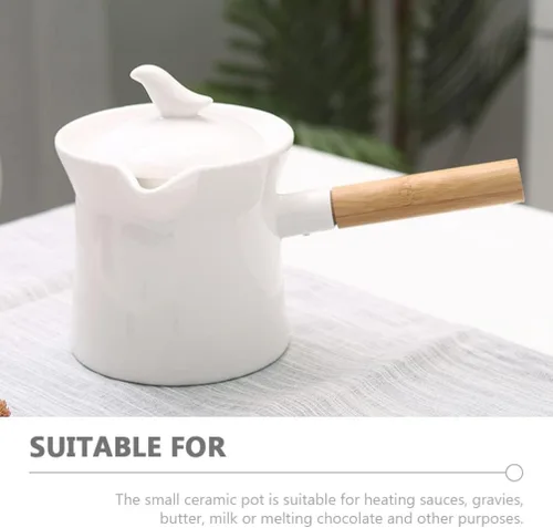 Miniatura 6 de Cabilock Cacerola de cerámica con mango de madera, calentador de mantequilla, mini olla de cocina para leche, té, café, comida para bebés
