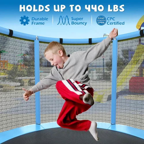 Miniatura 7 de Cama elástica para niños con malla de encierro, cama elástica mini para interiores y exteriores con barra de gimnasia ajustable, aro de baloncesto