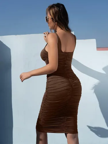 Miniatura 4 de BEAGIMEG vestido de fiesta sexy y entallado para mujer, sin mangas, fruncido, básico y largo hasta la rodilla