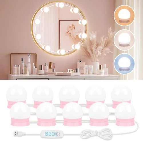 Miniatura 9 de Luces LED de tocador para espejo, luces de tocador adhesivas con 10 bombillas regulables, 3000K 4000K 6500K y 10 niveles de brillo ajustable, cable