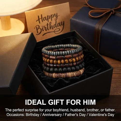 Miniatura 6 de TIESOME 6 pulseras de cuentas para hombre, cuentas de madera multicapa y pulseras de cuero trenzado, cordón elástico ajustable, estilo grunge