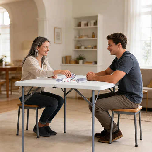 Miniatura 2 de Mesa plegable cuadrada de 34 pulgadas plegable por la mitad, mesa portátil de comedor de alta densidad resistente con asa de transporte, mesas