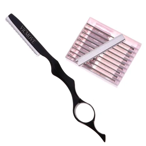 Maquinilla de afeitar profesional para estilizar el cabello, texturizante, plumas, 10 cuchillas de repuesto, acero inoxidable, color negro