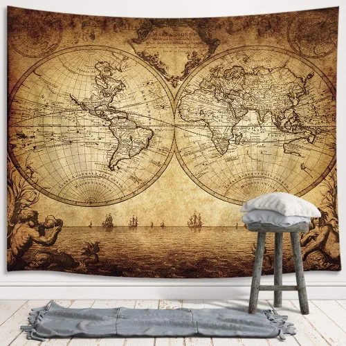 Miniatura 2 de JAWO Tapiz vintage antiguo de mapa del mundo, mapa náutico retro de doble hemisferio para colgar en la pared, mapa del mundo antiguo, arte de pared