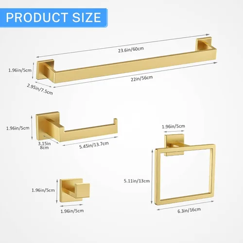Miniatura 6 de Juego de accesorios de baño de 10 piezas en oro cepillado Juego de barra de toallas doradas, toallero/estante para baño, juego de accesorios de baño