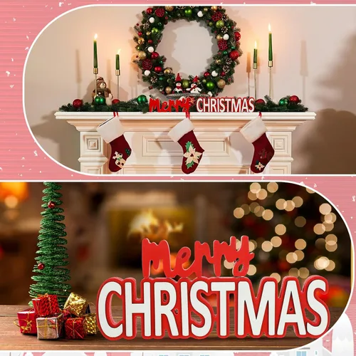 Miniatura 5 de 2 letreros de madera de Navidad con texto en inglés "Merry Christmas", centro de mesa, decoración de ventana de Navidad, bloques de adornos