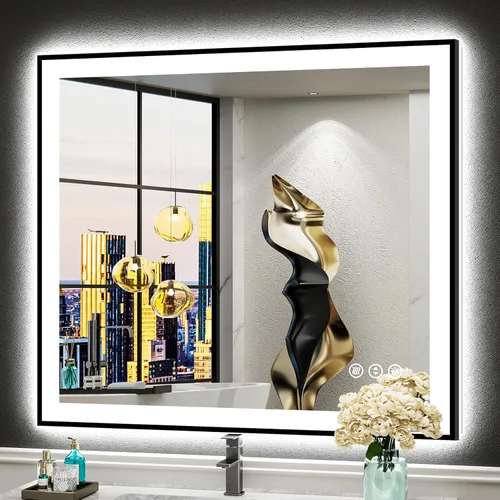 Miniatura 49 de 30x36 Espejo de baño LED con luces, retroiluminado y luz frontal, espejo de tocador iluminado antivaho para pared de baño, 3 colores, regulable