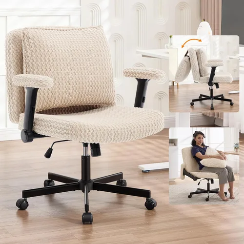 Fizzin Silla Criss Cross, Silla de Piernas Cruzadas con Ruedas y Brazos, Asiento de Oficina de Escritorio de 27 pulgadas de Ancho con Cojín de Beige