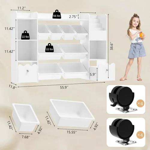Miniatura 3 de HOMMPA Organizador de almacenamiento de juguetes para niños de 55 pulgadas de ancho con 2 cajones movibles, estantería de 4 niveles para niños