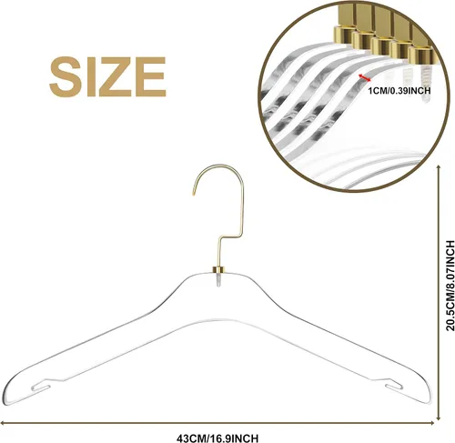 Miniatura 5 de Perchas de acrílico transparente de calidad, paquete de 5, elegante colgador con ganchos dorados, organizador de armario que ahorra espacio