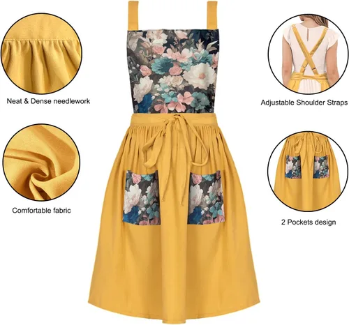 Miniatura 7 de Delantal Vintage Lindo para Mujer con Bolsillos, Delantal con Espalda Cruzada para Cocinar, Hornear, Cocina, Jardinería Amarillo