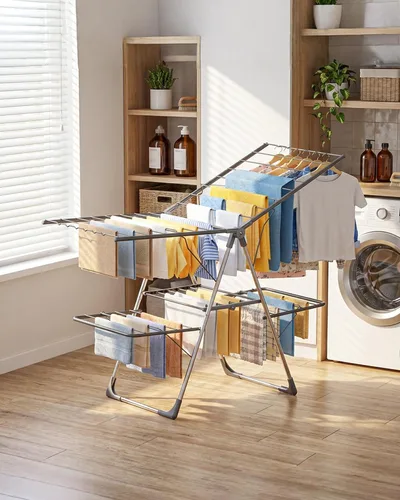 Miniatura 8 de Sakugi Escurridor de ropa, plegable de 2 niveles con alas ajustables en altura, para ropa y ropa de cama, estante independiente que ahorra espacio