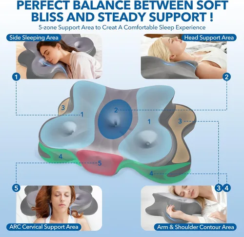 Miniatura 5 de Almohada cervical para aliviar el dolor de cuello, almohada ergonómica de espuma viscoelástica con funda de almohada de seda de hielo, almohada