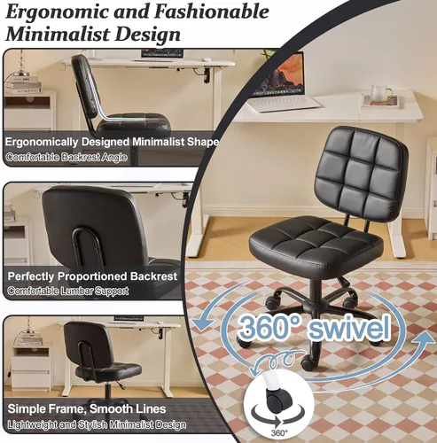 Miniatura 7 de VINGLI Silla de escritorio compacta y pequeña, linda silla sin brazos con ruedas, silla de tocador con respaldo bajo, silla de tarea ajustable