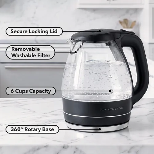 Miniatura 2 de OVENTE Hervidor eléctrico de 1.5L, calentador de agua de vidrio de borosilicato para encimera y hervidor para café o té, libre de BPA, apagado Negro