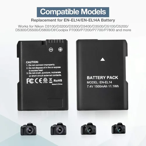 Miniatura 3 de EN-EL14 EN EL14A - Paquete de 2 baterías de iones de litio de 1500 mAh compatibles con Nikon D3100 D3200 D3300 D3400 D3500 D5100 D5200 D5300 D5500