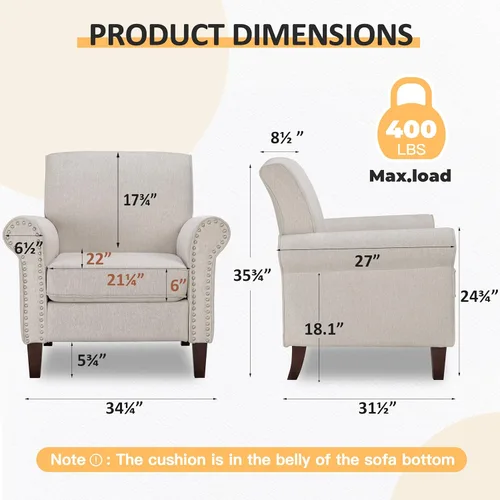 Miniatura 3 de PrimeZone Comfy - Silla decorativa de tela moderna de mediados de siglo, silla de lectura con cojín suave, ribete de cabeza de clavos y reposabrazos
