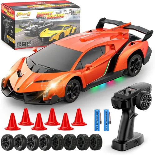Coche de Control Remoto Lamborghini Juguetes, Coche de Derrape RC con Licencia Oficial 15Km/h con Luz Inferior y Faros, Escala 1:24 2.4GHz, 2