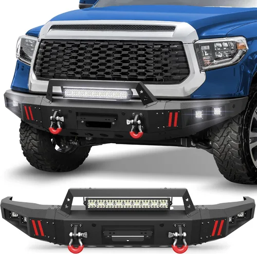 Parachoques delantero Tundra para Tundra 2014-2021, parachoques de acero inoxidable texturizado negro con placa de grúa, barra de luz larga de 144W,
