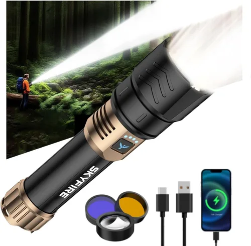 Miniatura 10 de SKYFIRE Linterna recargable de alto lúmen, súper brillante, con zoom, cuatro modos, linterna LED impermeable para camping esencial, emergencias al