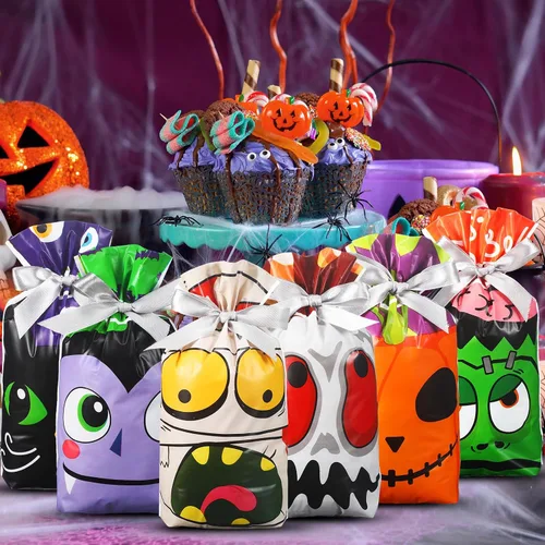 Miniatura 5 de Funrous 48 bolsas de regalo con cordón para Halloween, bolsas de plástico para dulces, bolsas de regalo de fiesta para niños, suministros de fiesta