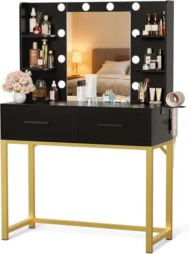 Miniatura 17 de YESHOMY - Escritorio tocador con espejo, mesa de maquillaje con 2 cajones grandes, toma de corriente y soporte redondo, bombilla ajustable de 3