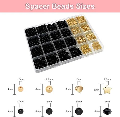 Miniatura 3 de SEMATA Juego de 1500 cuentas negras para hacer joyas, con estrellas y cuentas de corazón, cuentas redondas y poligonales acrílicas negras lisas