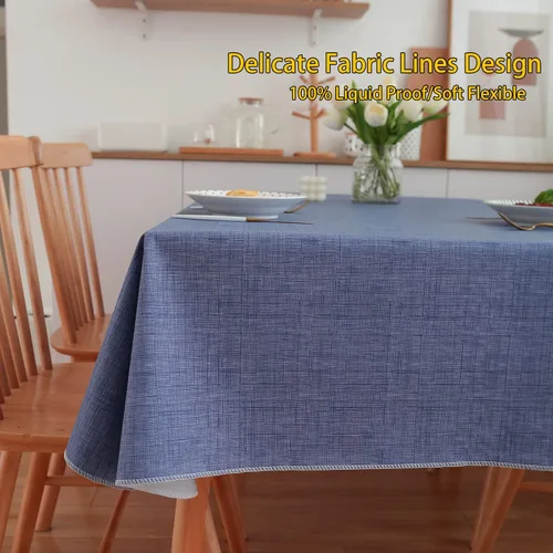 Miniatura 2 de LIBERECOO Mantel de vinilo con reverso de franela, azul mezclilla, impermeable, resistente a las manchas, cubierta de mesa fácil de limpiar