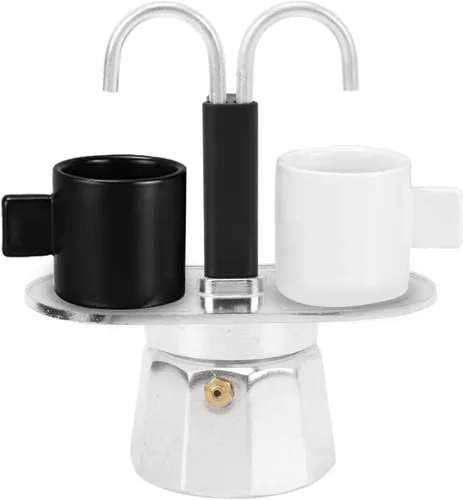 Miniatura 8 de Cafetera doble, aleación de aluminio, doble tubo, estufa italiana, para el hogar, oficina, tamaño compacto, fácil de usar, simultánea, rico sabor