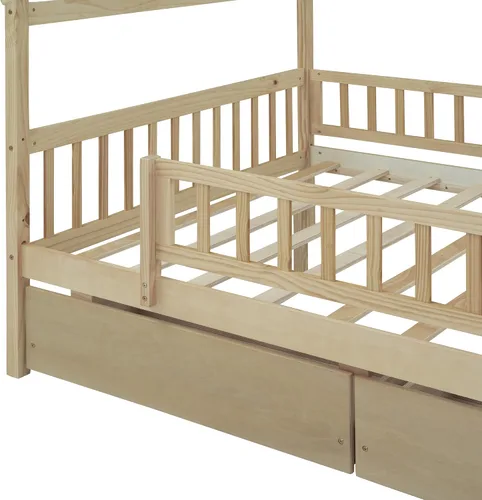 Miniatura 5 de Cama de casa matrimonial para niños, cama Montessori de tamaño matrimonial con 2 cajones de almacenamiento, barandillas y techo, cama