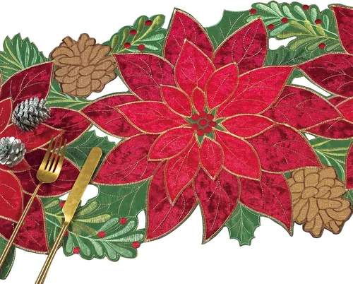 Miniatura 5 de KEVA Camino de Mesa Navideño de Navidad, Camino de Mesa de Terciopelo Bordado con Calados de Flor de Pascua Roja, Decoraciones Navideñas
