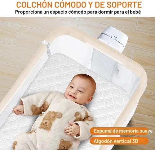 Miniatura 7 de Moisés de bebé 3 en 1, moisés de cabecera/mecedora para bebé, cuna de cabecera con ruedas bloqueables, colchón impermeable, 6 alturas ajustables