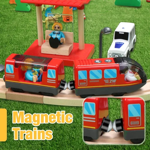 Miniatura 4 de Juego de tren a pilas para vías de tren de madera (con sonido y conexión magnética), potente juego de tren locomotora de acción que se adapta a