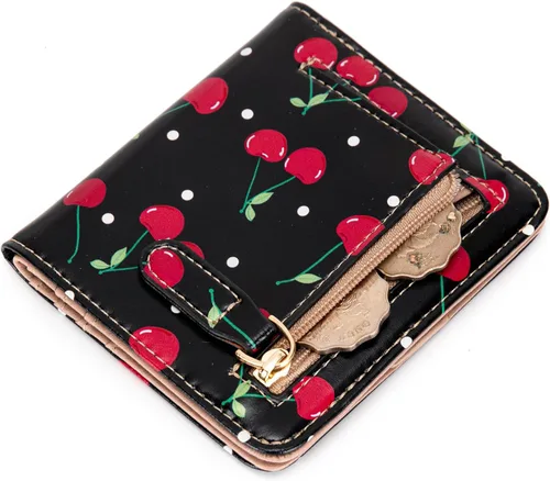 Miniatura 5 de Walle Rfid - Cartera pequeña y compacta con bolsillo plegable para mujer, minicarjetero de viaje con ventana de identificación, Cereza Negra, Lindo