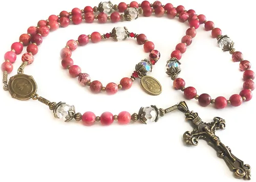 Juego de rosario y pulsera de piedra y cristal Sagrado Corazón de Jesús en caja - Rosario Católico - Rosarios Catolicos - Regalos Católicos -